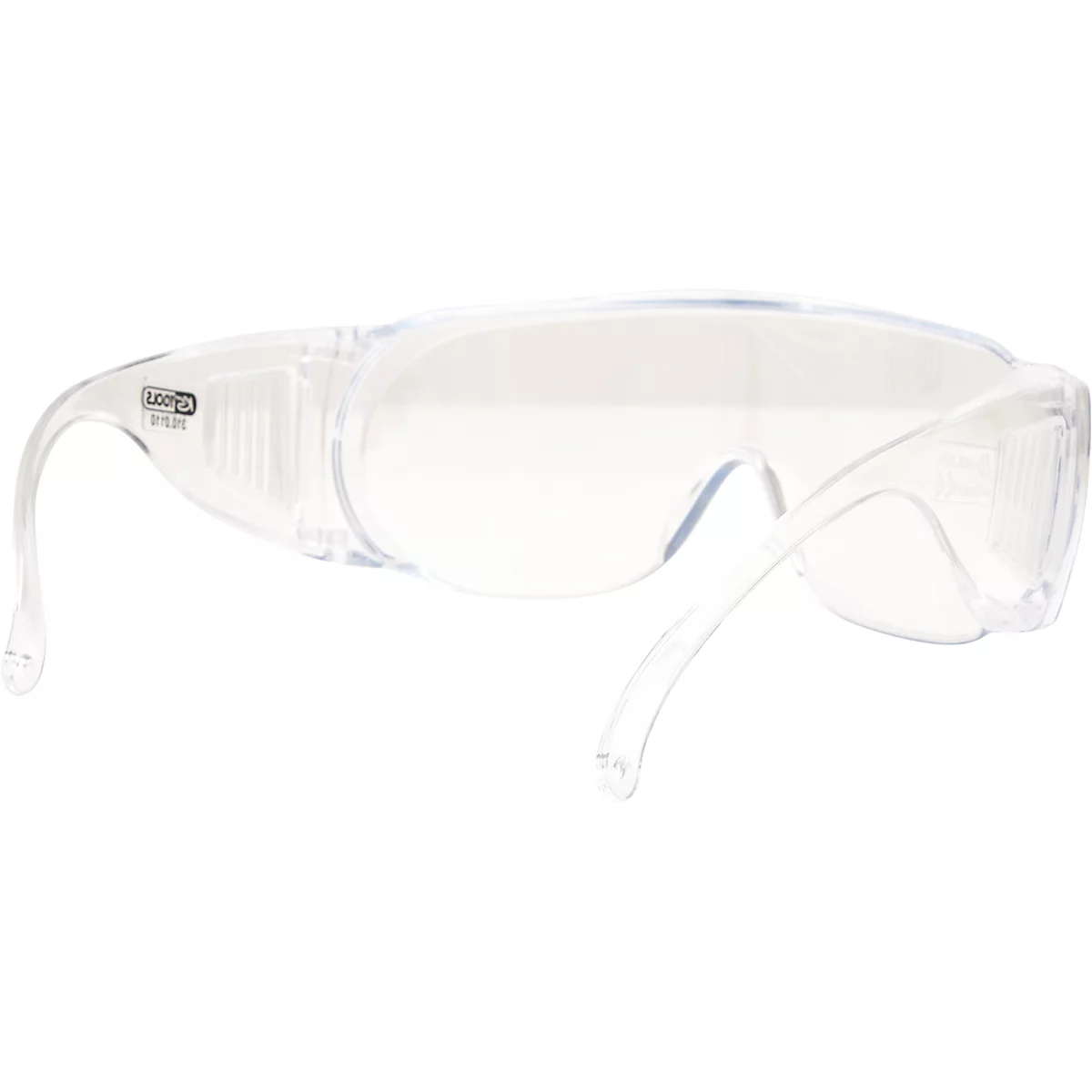 Klare Schutzbrille mit Bügeln, seitlichem Schutz und Logo.