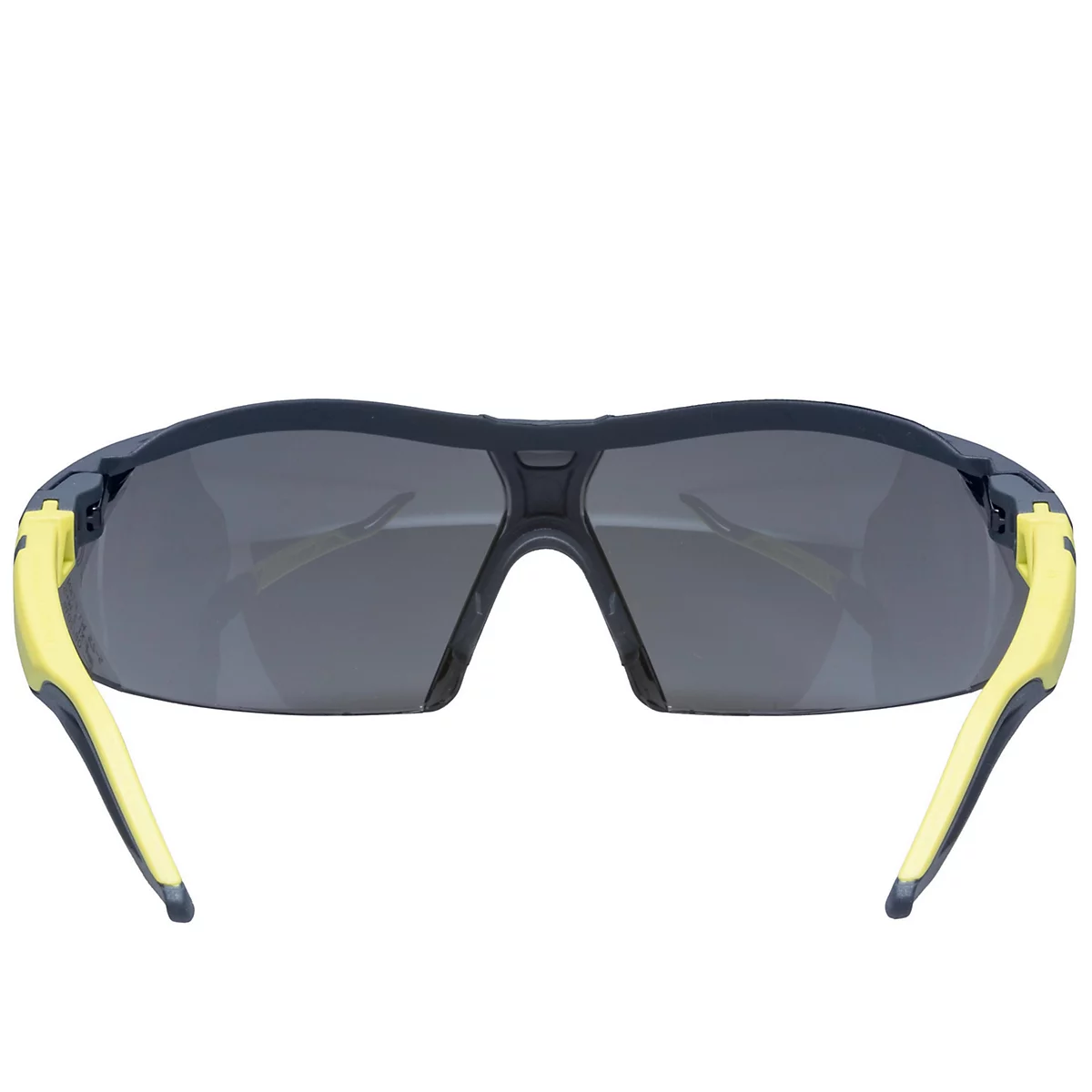 Dunkelgraue Sonnenbrille mit gelben Bügeln, von oben fotografiert.