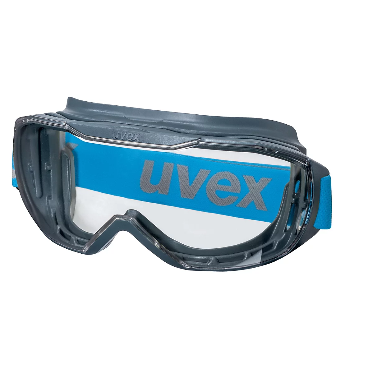 Schutzbrille in Grau und Blau mit 'uvex'-Schriftzug.