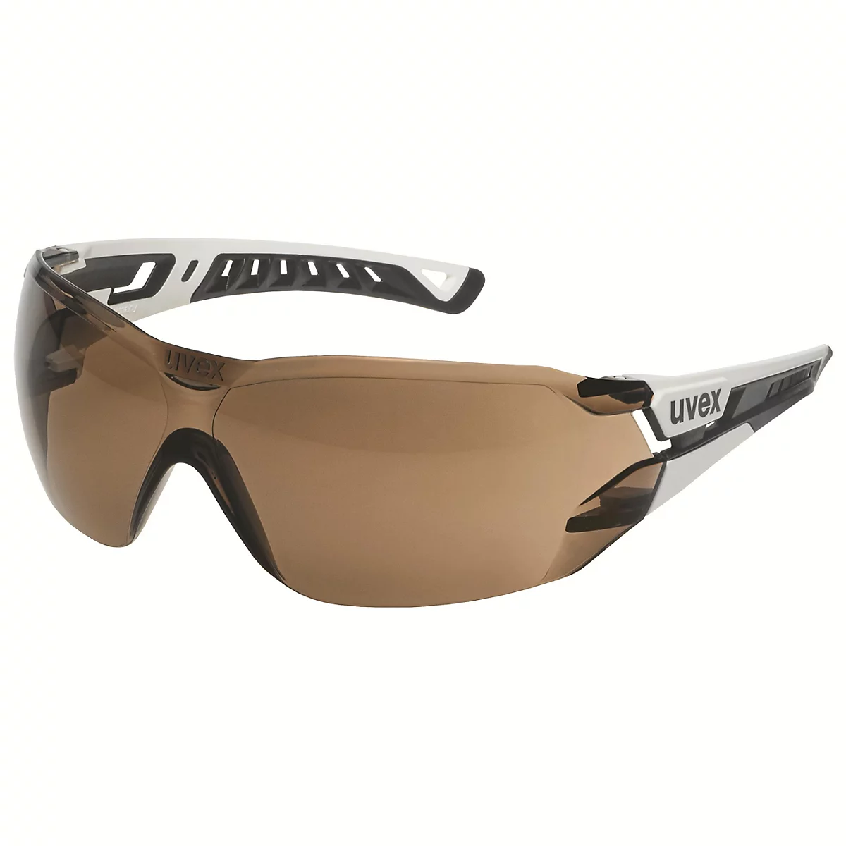 Sicherheitsbrille mit braunen Gläsern und weißem Rahmen. Das Uvex-Logo ist auf dem Bügel sichtbar.