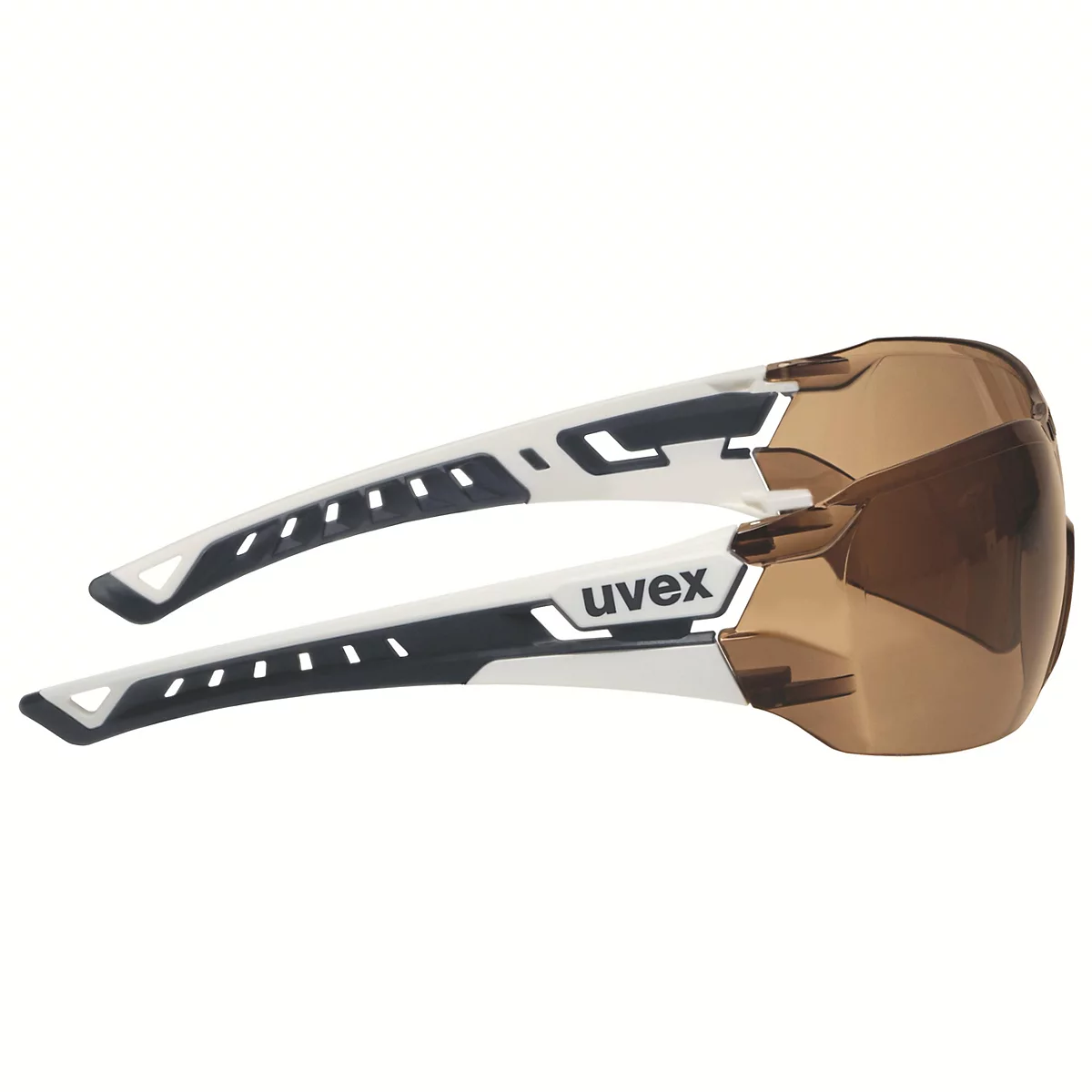 Sonnenbrille mit weiß-grauem Gestell und braunen Gläsern, seitlich betrachtet. Das Uvex-Logo ist sichtbar.