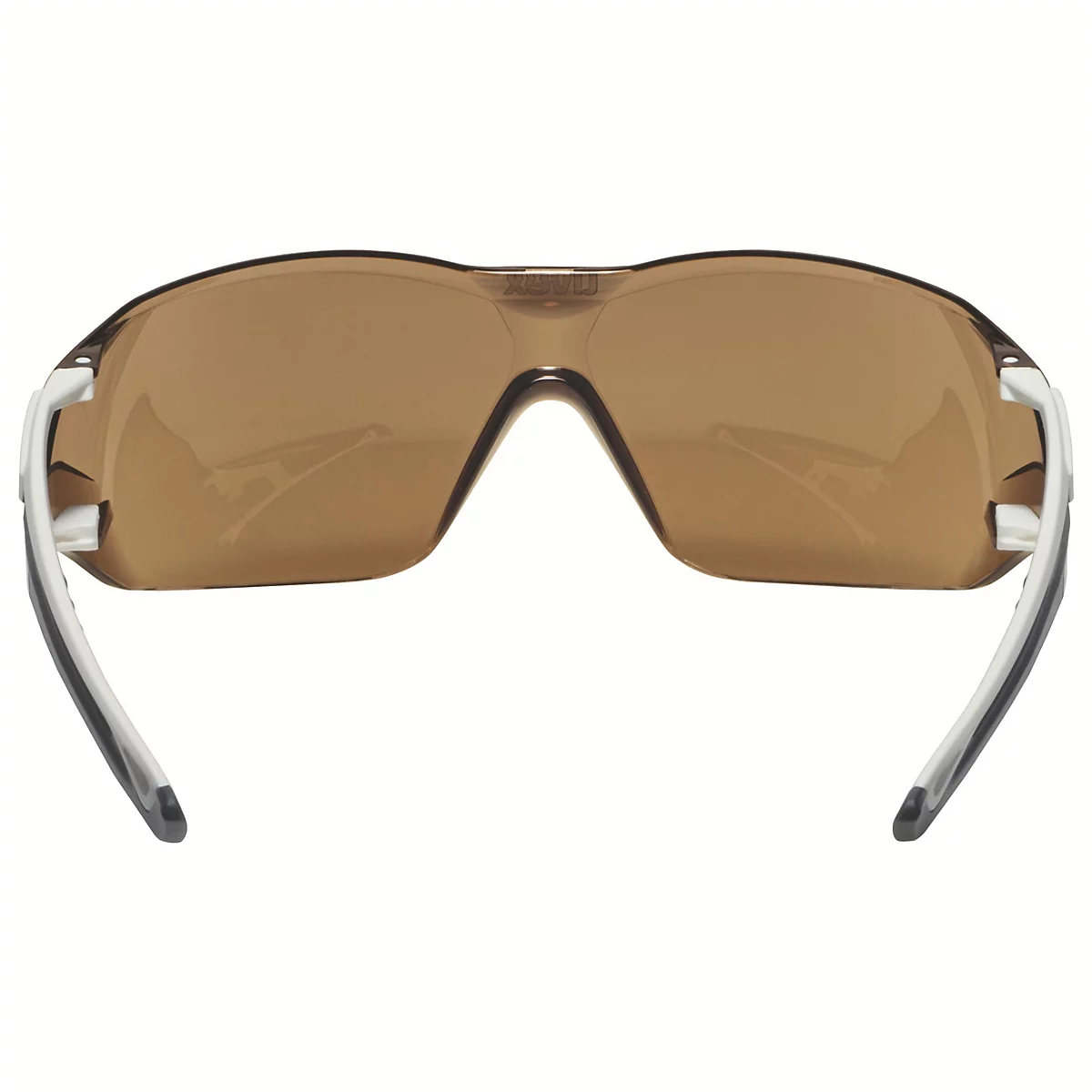 Schutzbrille mit braunen Gläsern, weißem Rahmen und transparenten Bügeln.