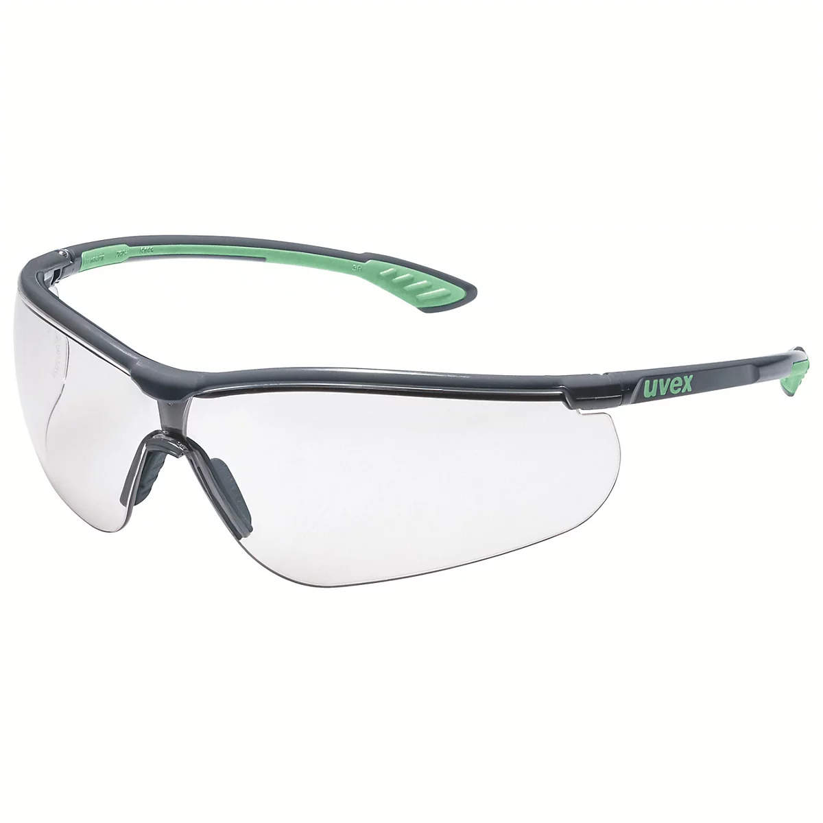 Graue Schutzbrille mit grünen Akzenten und Uvex-Schriftzug, klare Gläser.