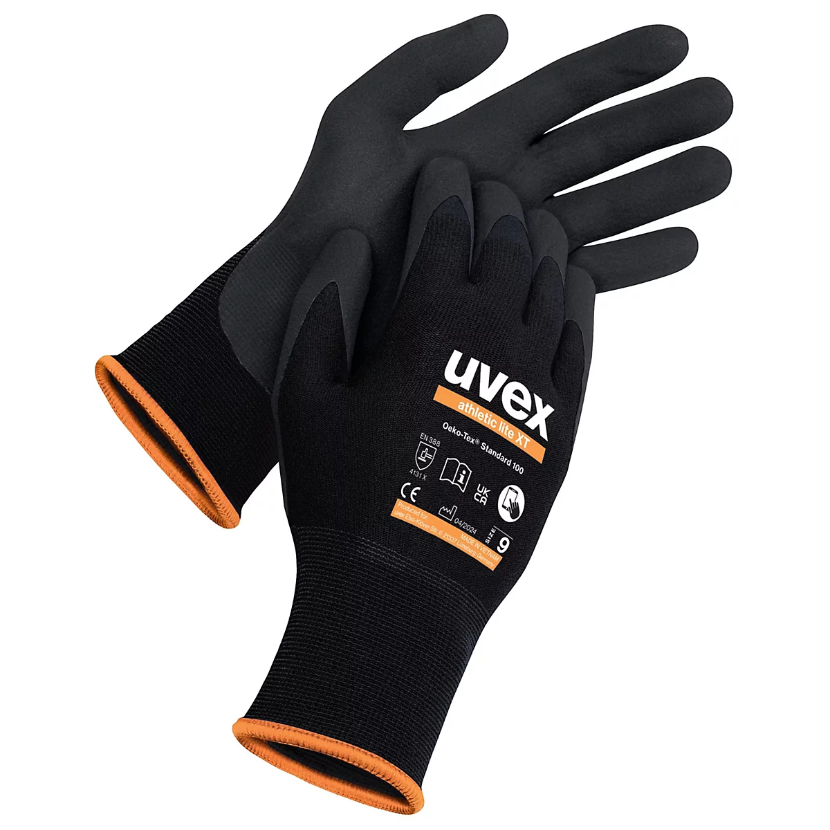 Schwarze Schutzhandschuhe der Marke Uvex mit orangefarbenen Details und Größe 9.