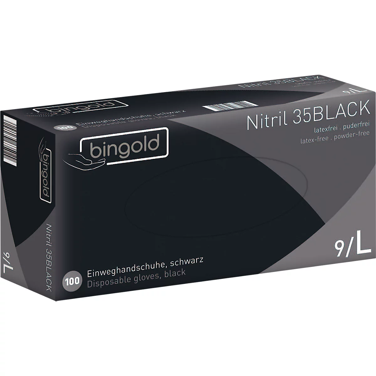 Schutzhandschuhe BINGOLD Nitril 35BLACK, Einweg, mikrotextuierte Fingerspitzen, puderfrei, Nitril, schwarz, Größe L, 100 Stück