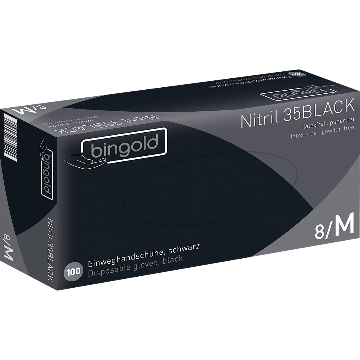 Schutzhandschuhe BINGOLD Nitril 35BLACK, Einweg, mikrotextuierte Fingerspitzen, puderfrei, Nitril, schwarz, Größe M, 100 Stück