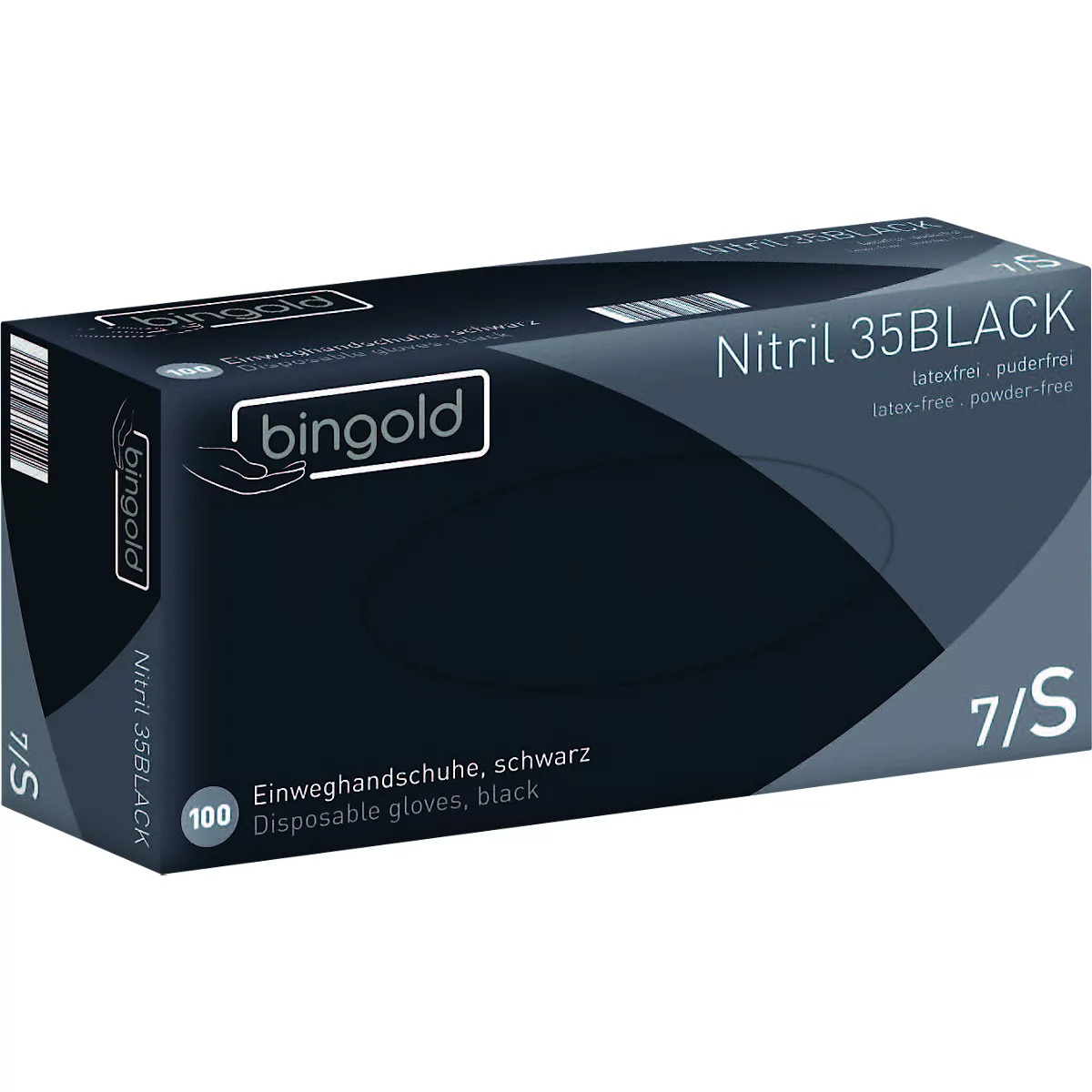 Schutzhandschuhe BINGOLD Nitril 35BLACK, Einweg, mikrotextuierte Fingerspitzen, puderfrei, Nitril, schwarz, Größe S, 100 Stück