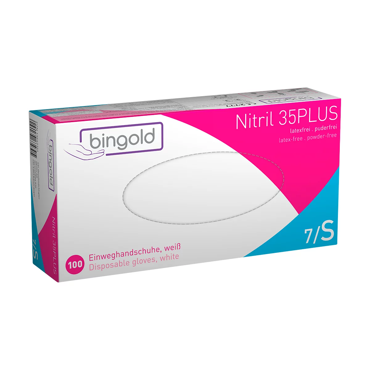 Schutzhandschuhe BINGOLD Nitril 35PLUS, Einweg, mikrotextuierte Fingerspitzen, puderfrei, Nitril, weiß, Größe S, 100 Stück