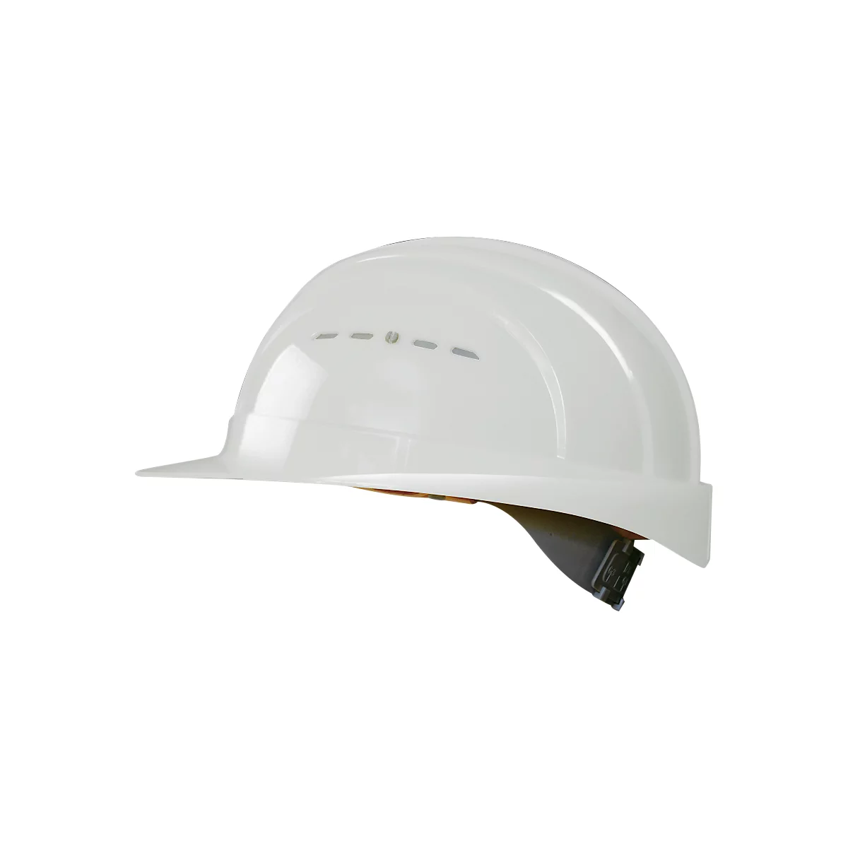 Weißer Schutzhelm, seitlich aufgenommen, mit Kinnriemen und Lüftungsöffnungen.