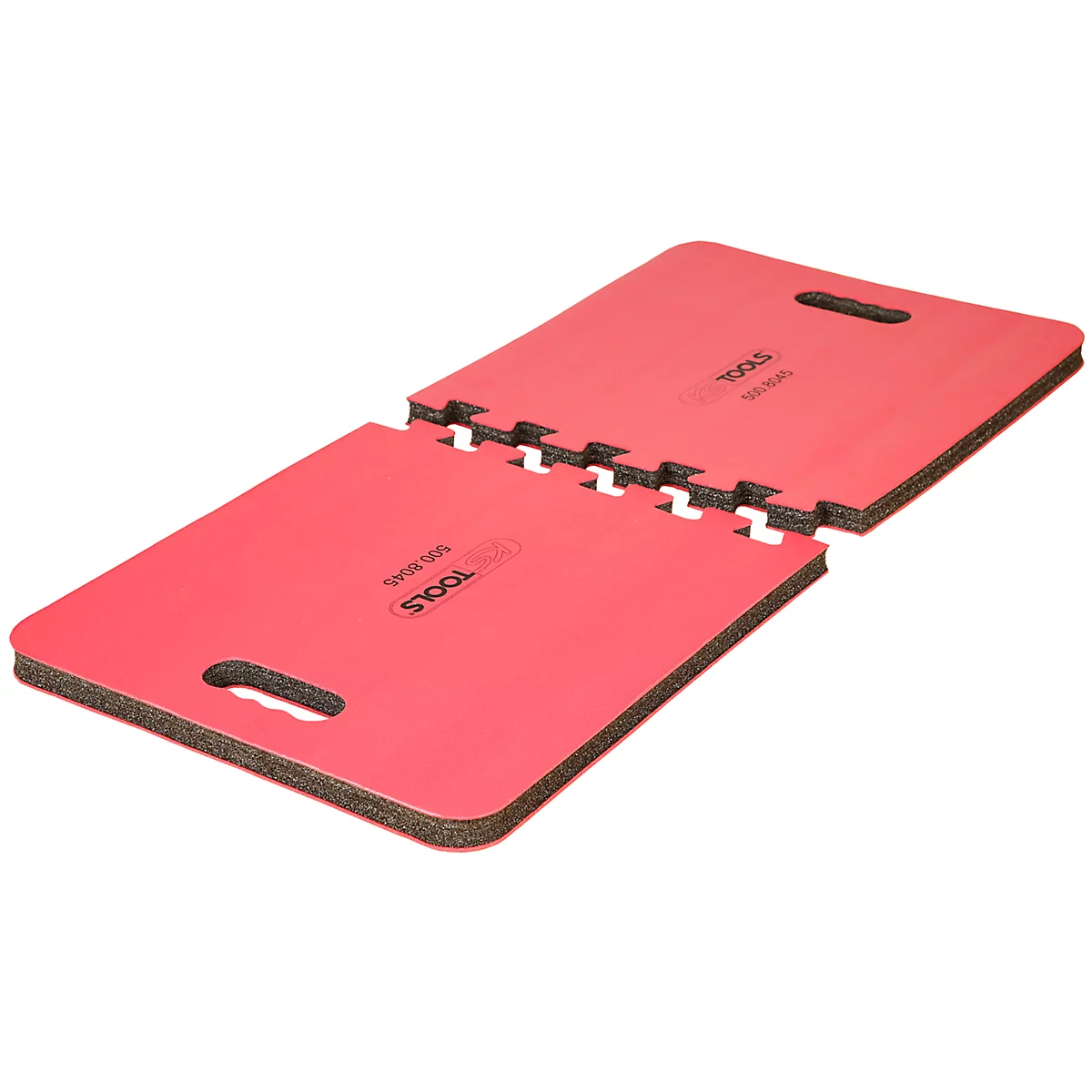 Zusammenklappbare rote Knieschutzmatte, mit schwarzem Schaumstoff-Rahmen und Griffen.