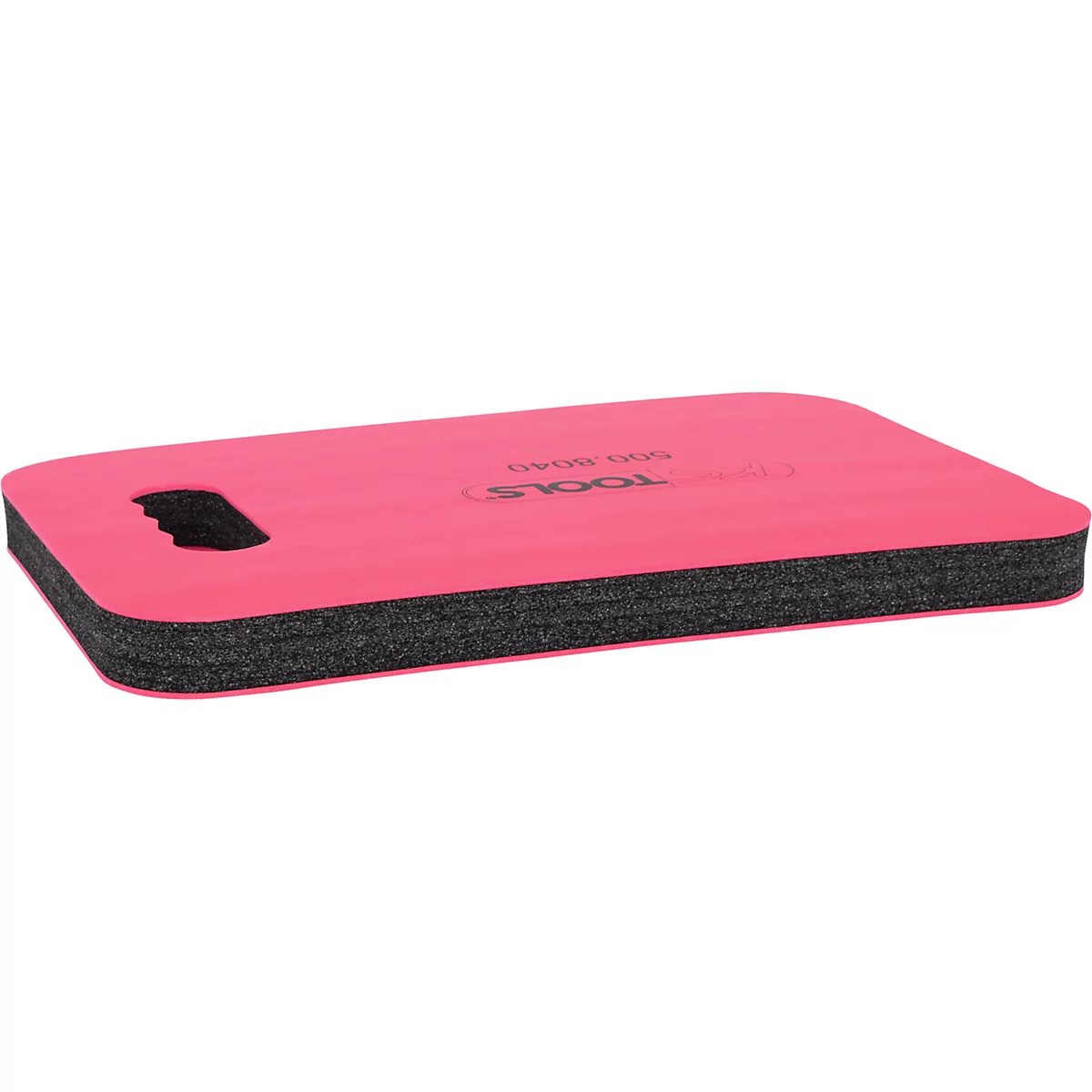 Rosa Knieschutzmatte mit Griff, schwarzer Schaumstoffrand, Text.