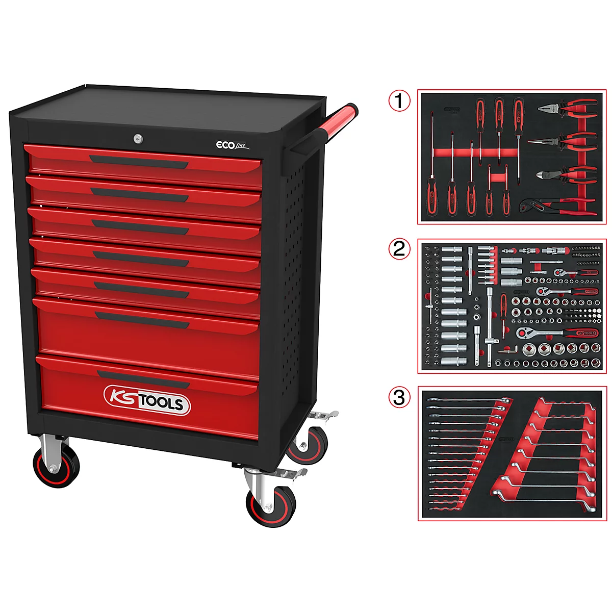 Schwarze Werkzeugkiste mit roten Schubladen, KS TOOLS Logo, und Werkzeug-Sets.