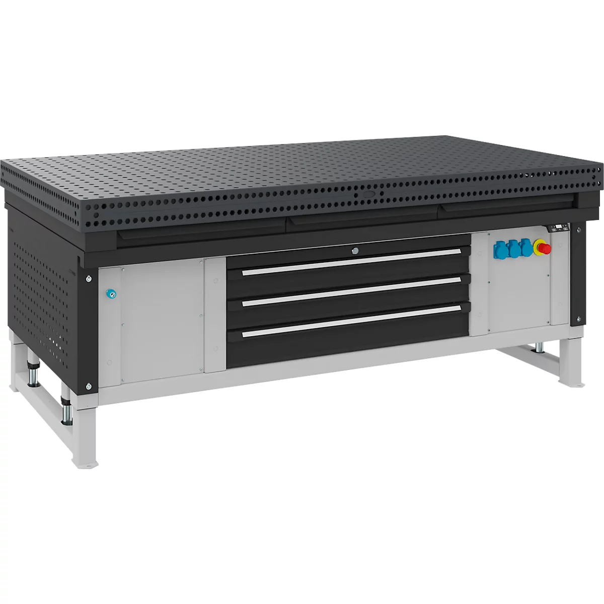 Schwarzer Werkbanktisch mit Lochplatte, Schubladen und Schaltern, auf weißen Beinen stehend.