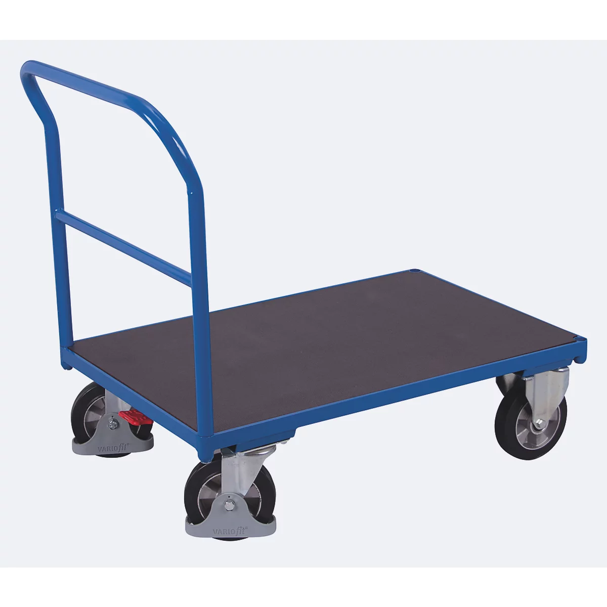 Schwerlastwagen, Stahl/Siebdruckplatte, Enzianblau/Dunkelbraun, L 1025 x B 700 mm, mit Querstrebe, Vollgummi-Rollen mit EasySTOP, bis 1000 kg