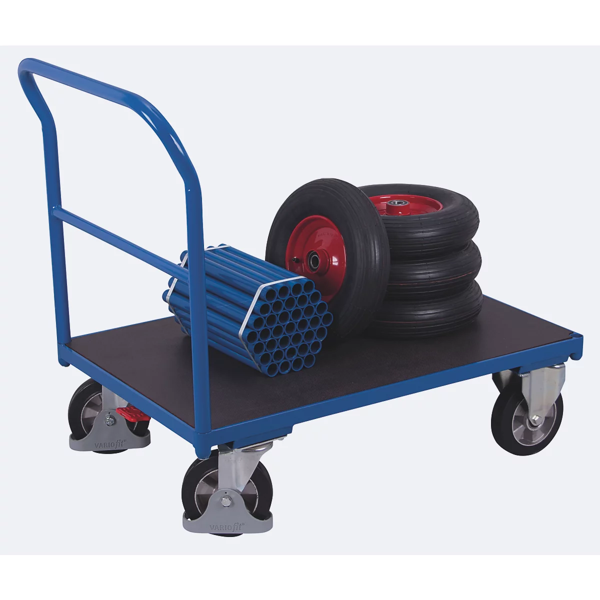 Schwerlastwagen, Stahl/Siebdruckplatte, Enzianblau/Dunkelbraun, L 1025 x B 700 mm, mit Querstrebe, Vollgummi-Rollen mit EasySTOP, bis 1000 kg