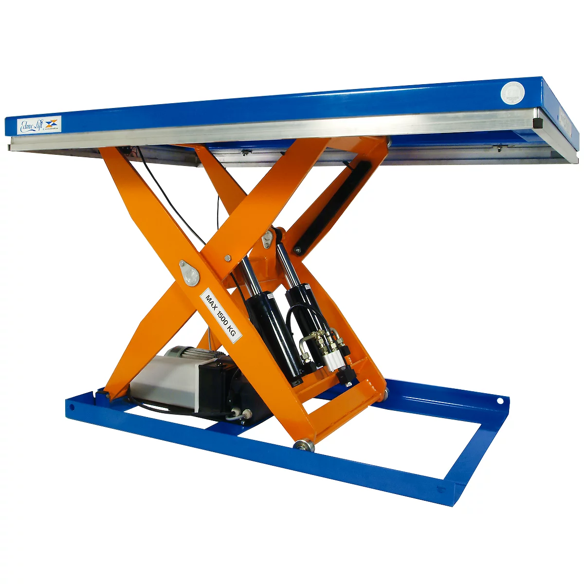 Orange lifting table with blue platform, detail of the mechanics.