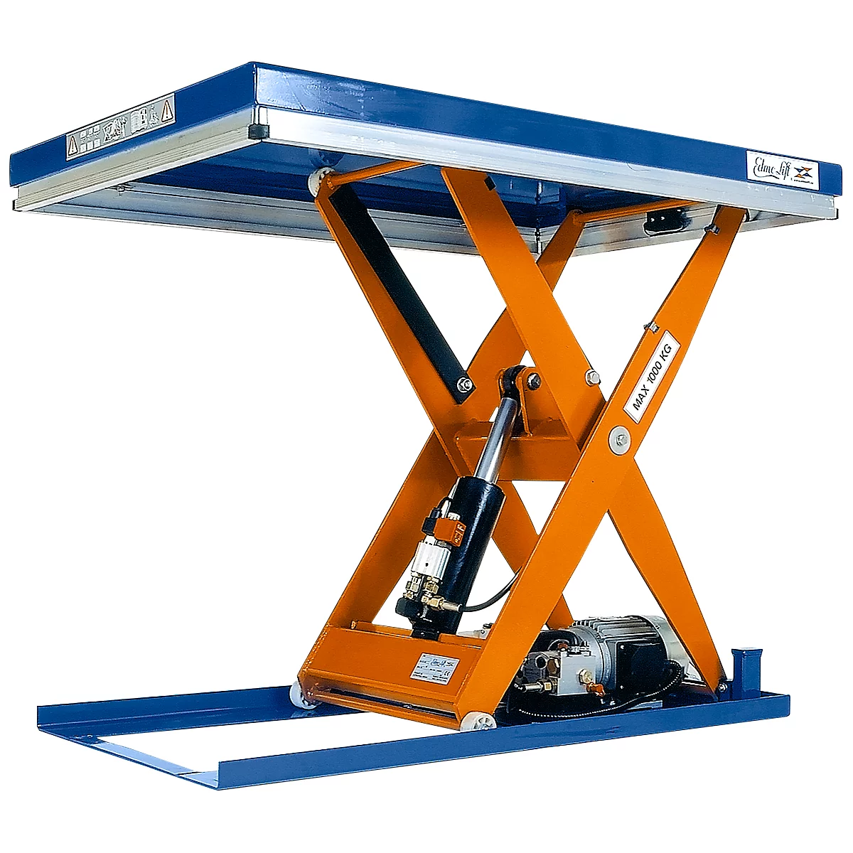 Scissor lift, orange scissor construction with blue table, white background.