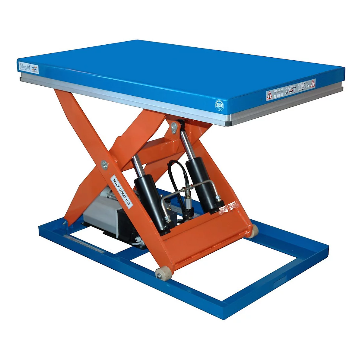 Lifting platform with a blue table top and an orange scissor lift system. The base and frame are blue.