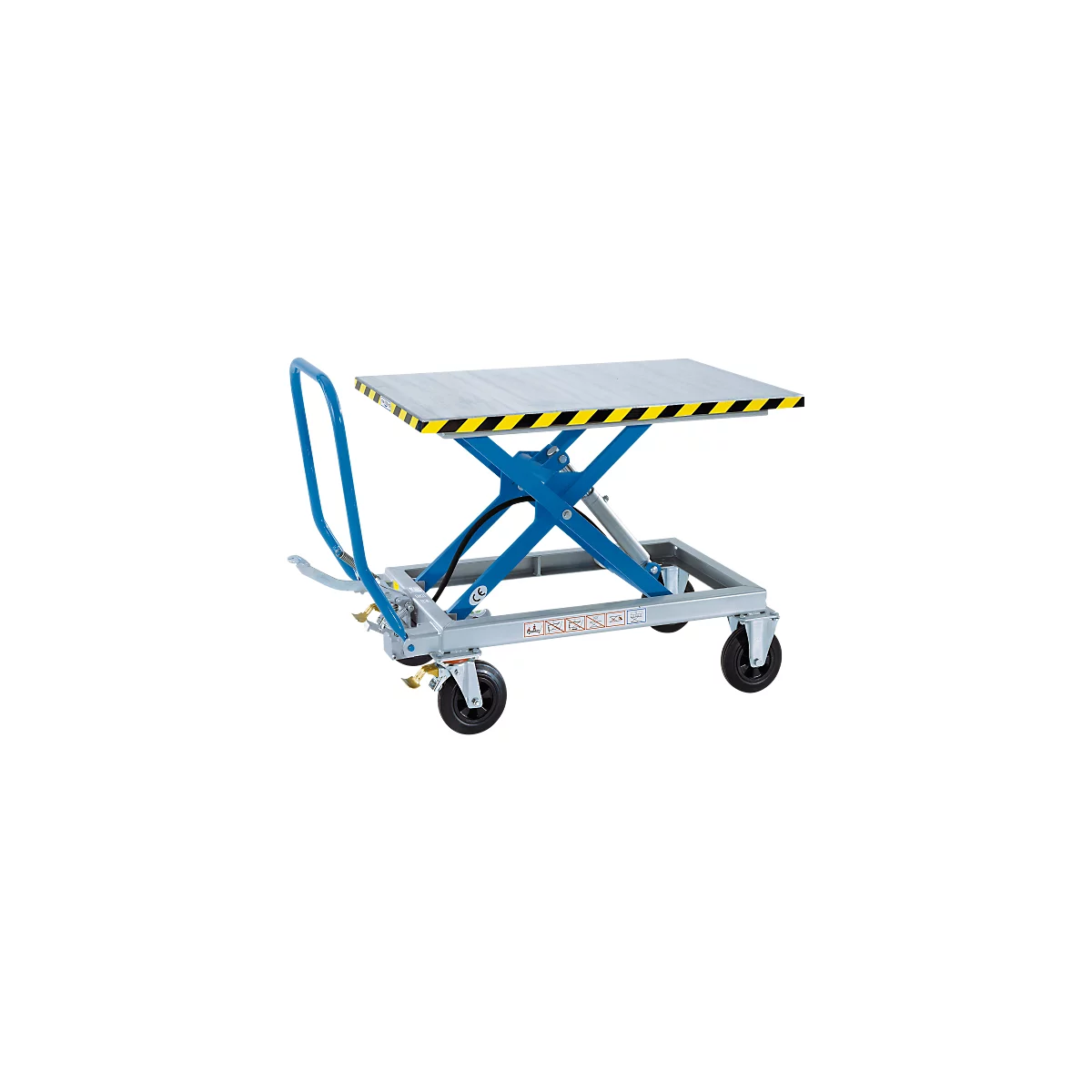 Mobile lifting table, silver color, blue scissor lift, yellow and black marked table edge.