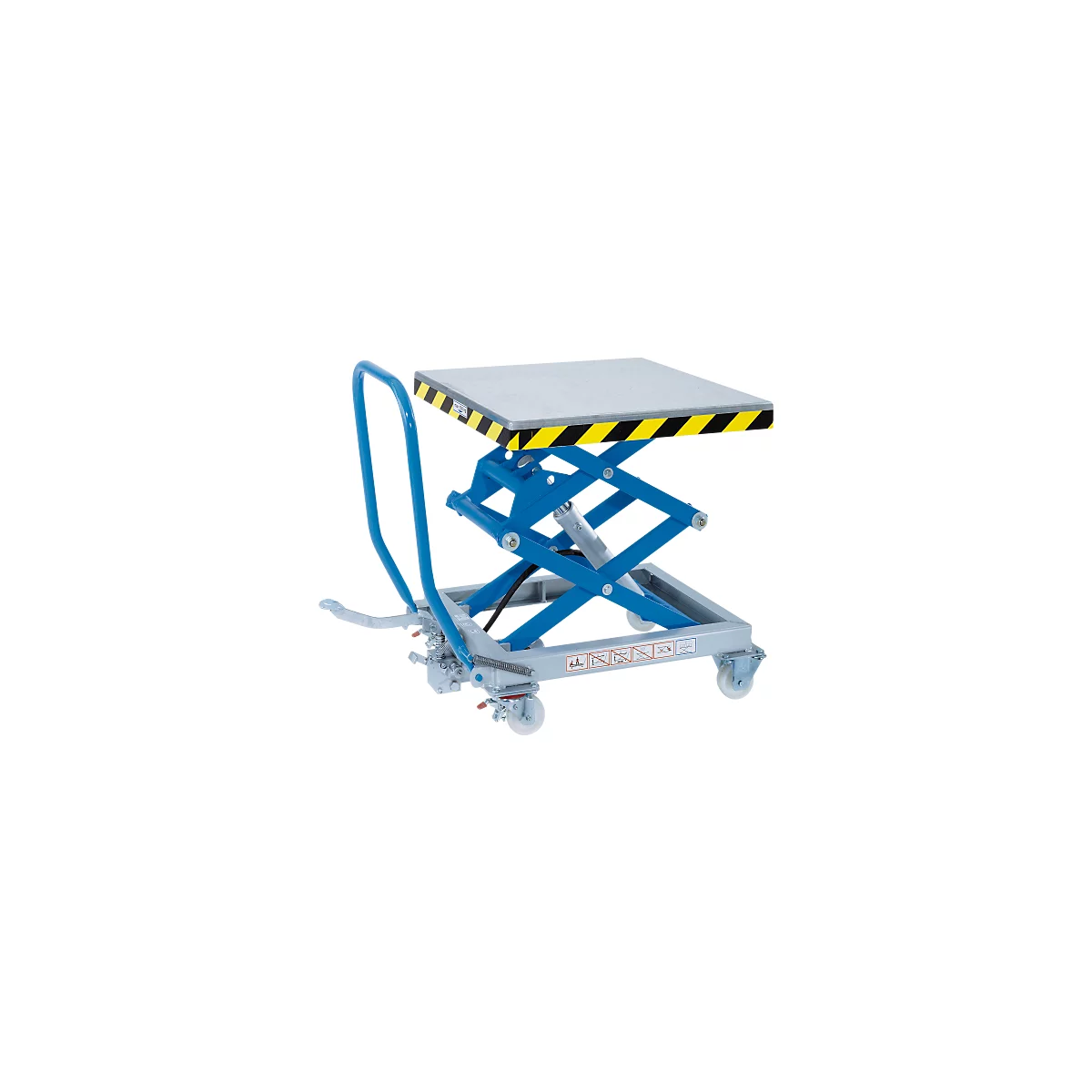Blue, rolling lift table with yellow and black warning stripes.