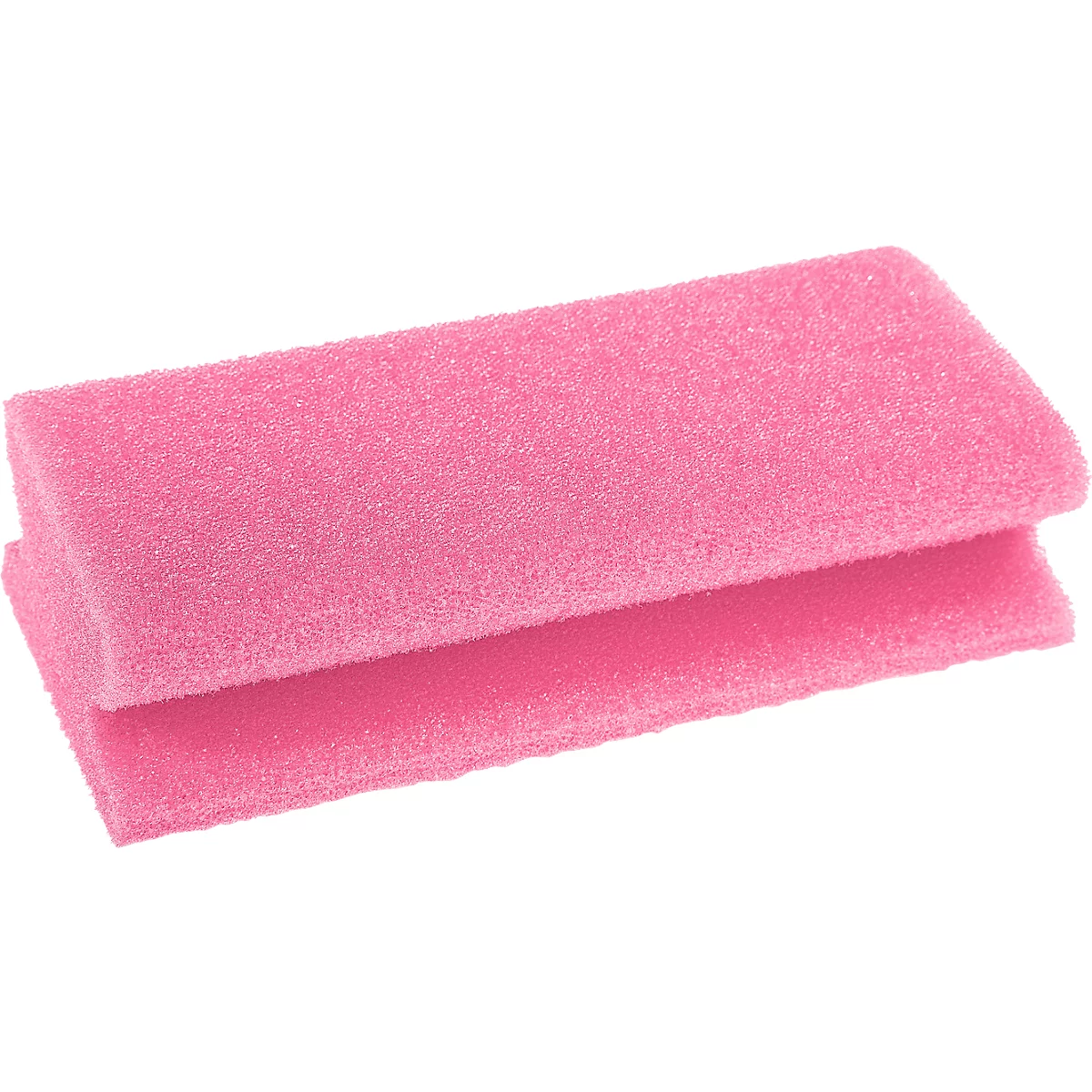 Twee rechthoekige, roze schuimblokken die elkaar overlappen.