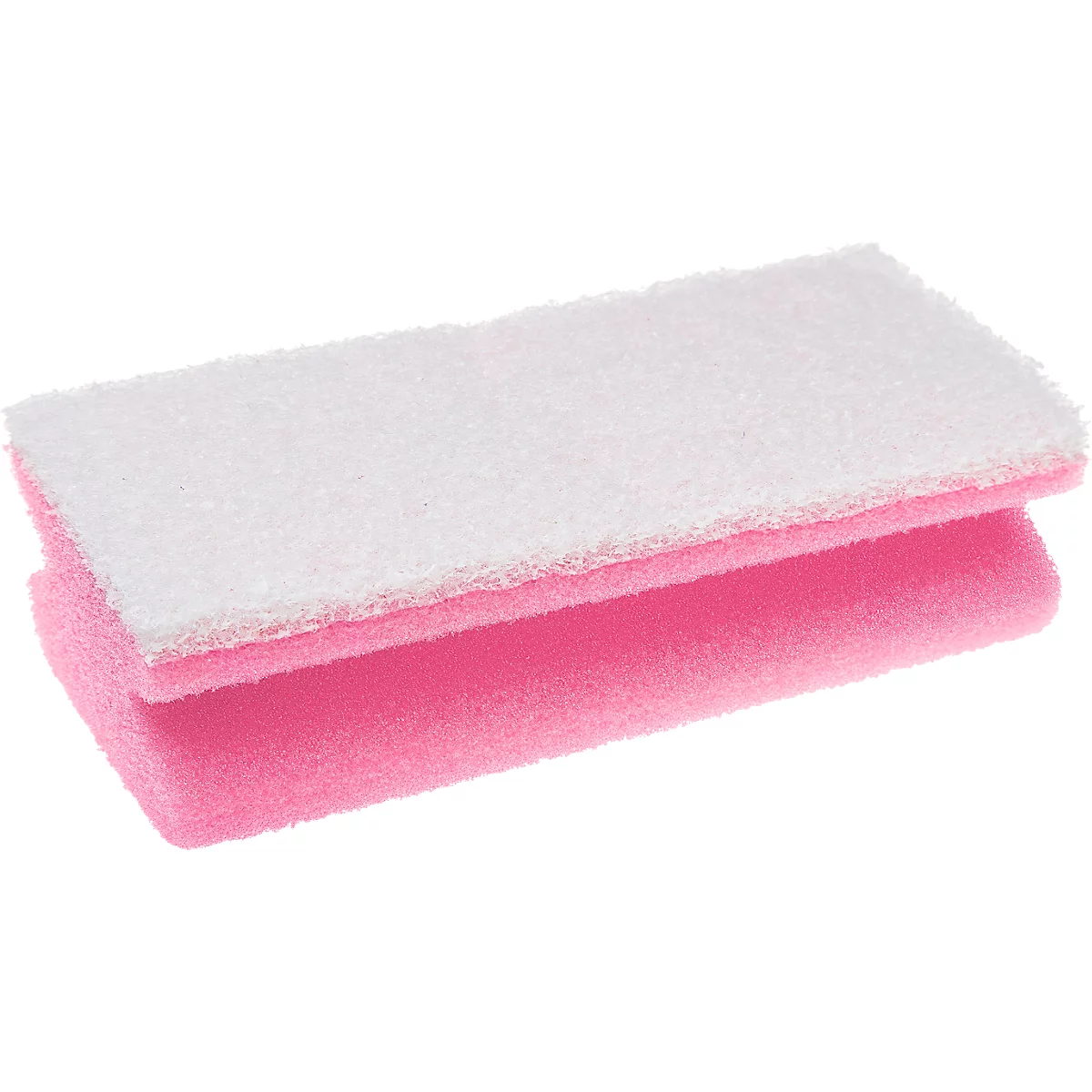 Twee rechthoekige sponzen, één roze, één wit, bovenop elkaar gestapeld.