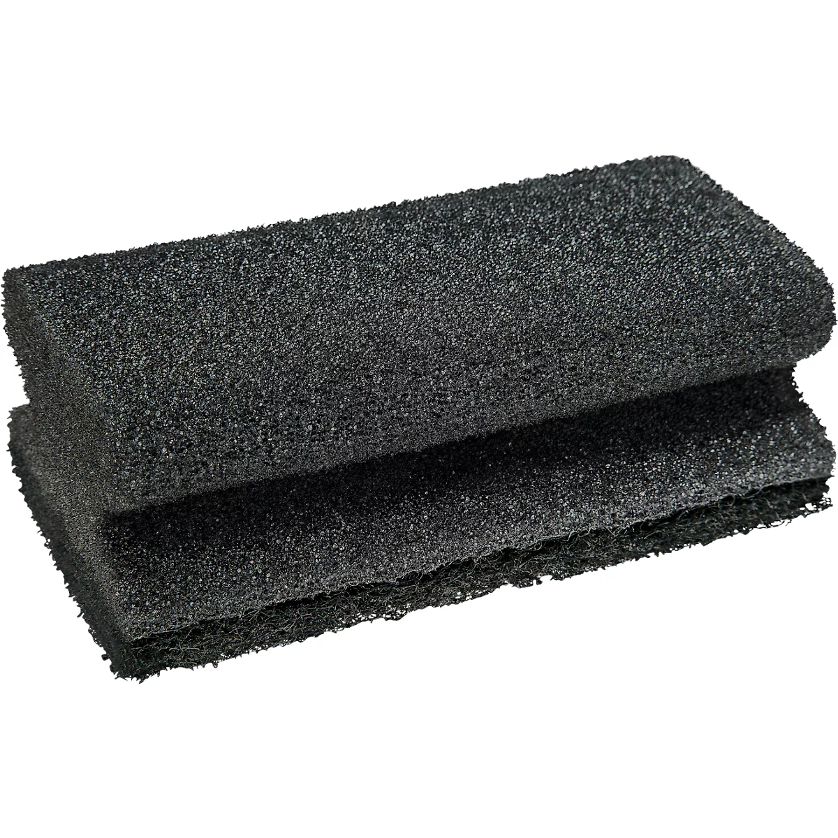 Deux éponges rectangulaires gris foncé empilées l'une sur l'autre. La surface est poreuse.