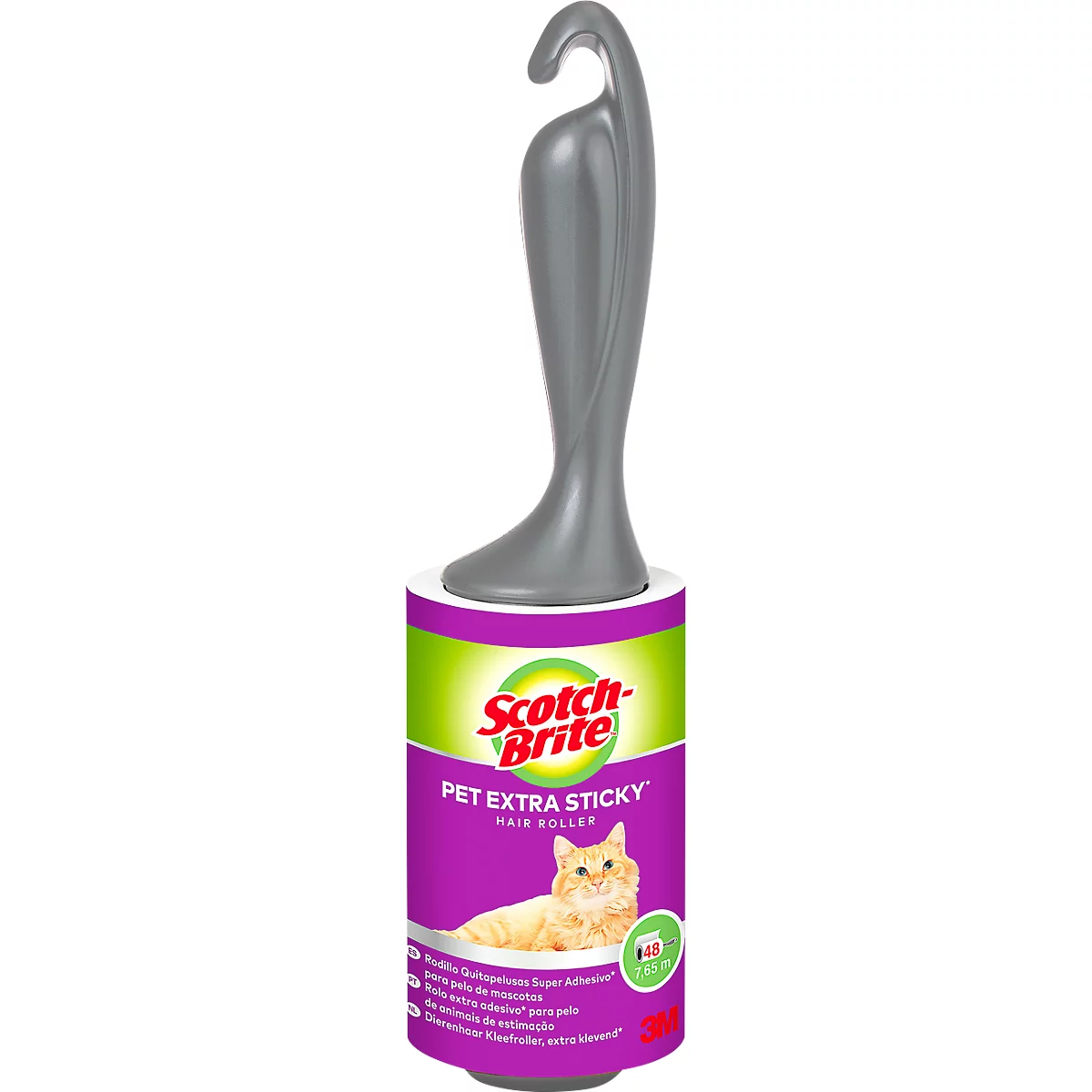 Een grijze pluizenroller met een handvat, met het label "Scotch-Brite Pet Extra Sticky Hair Roller". De verpakking toont een kat.