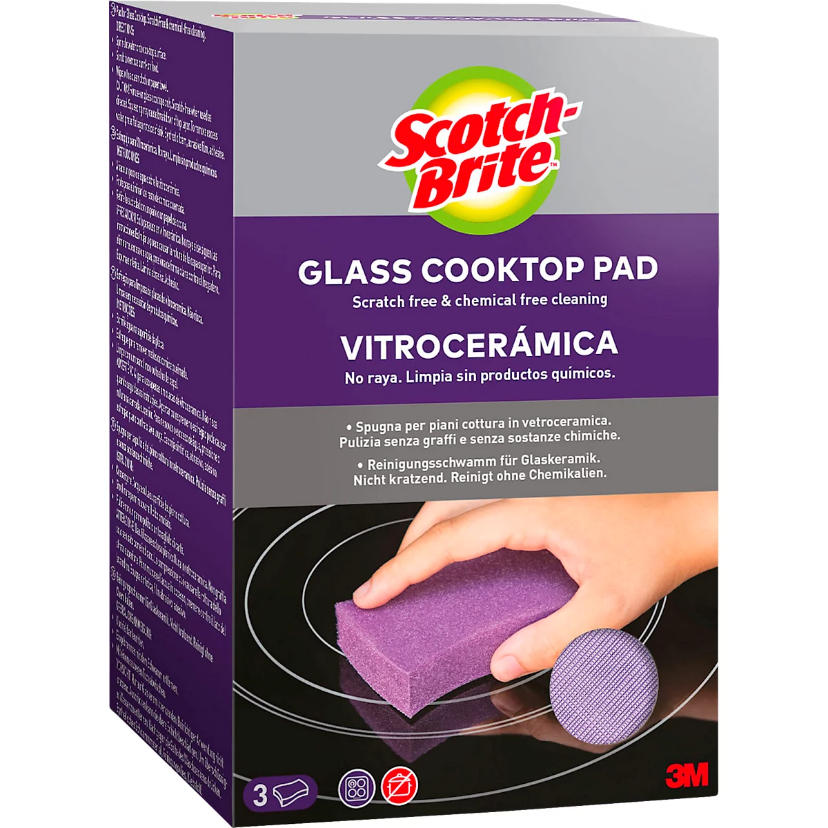 Een productverpakking van Scotch-Brite met een paarse reinigingspad die wordt gebruikt op een glazen kookplaat.
