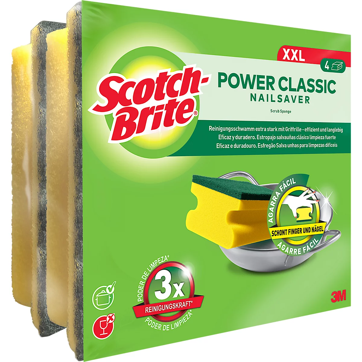 Verpackung mit vier Schwämmen, gelb mit schwarzer Scheuerseite. Aufdruck: Scotch-Brite Power Classic, Nailsaver. Auf der Verpackung: 3x Reinigungskraft.