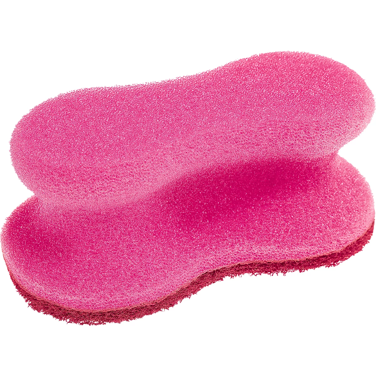 Ein pinkfarbener Schwamm. Ein kleinerer Schwamm ist auf einem größeren angebracht.