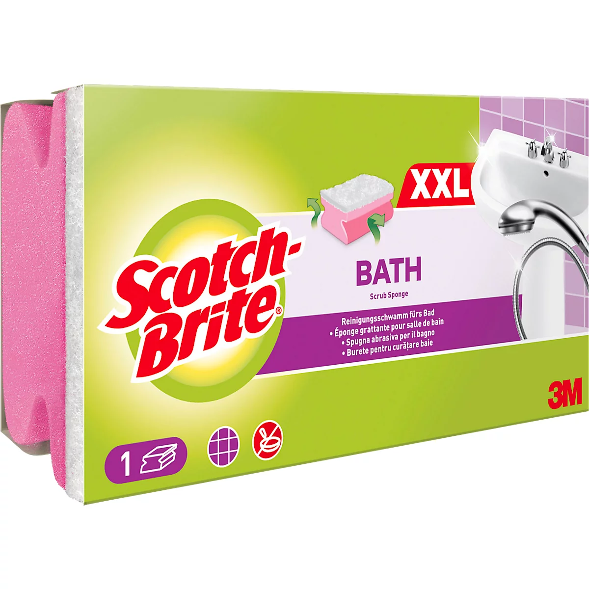 Verpackung von Scotch-Brite Badezimmer-Schwämmen.