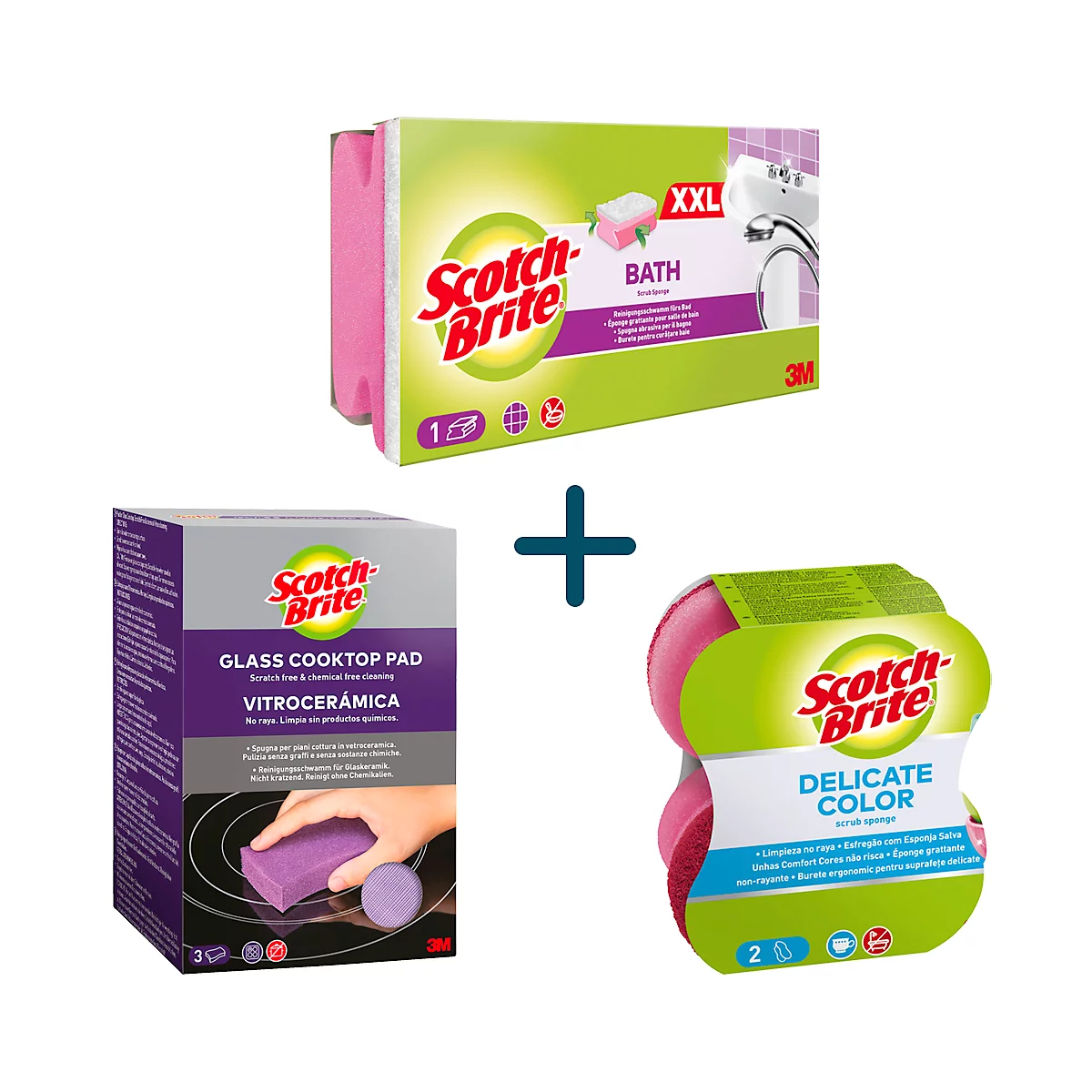 Drei Scotch-Brite-Reinigungsprodukte, eins mit der Aufschrift BATH, eins mit der Aufschrift GLASS COOKTOP PAD und eins mit der Aufschrift DELICATE COLOR.