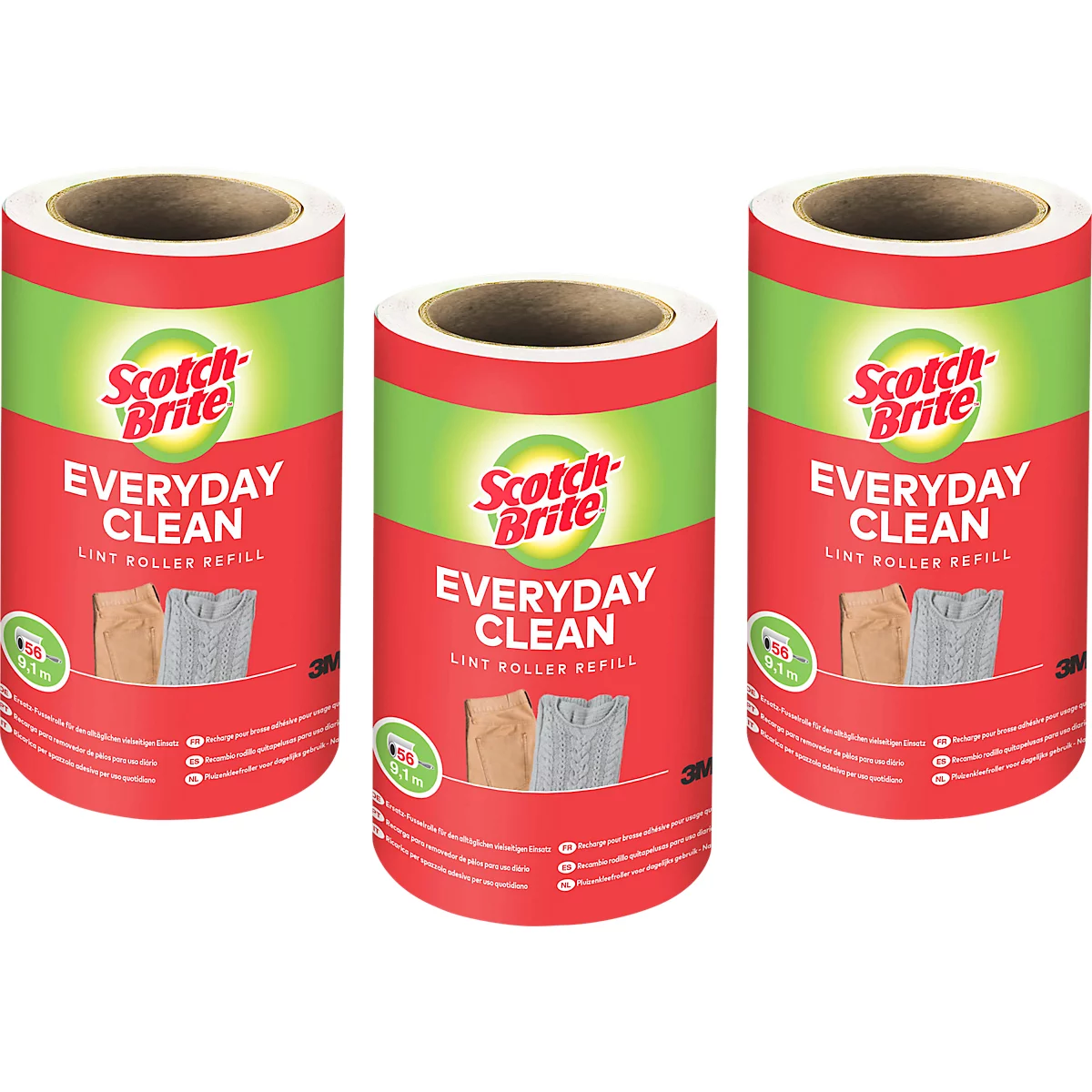Trois recharges de rouleau adhésif Scotch-Brite. Emballage rouge avec bande verte et texte "EVERYDAY CLEAN".