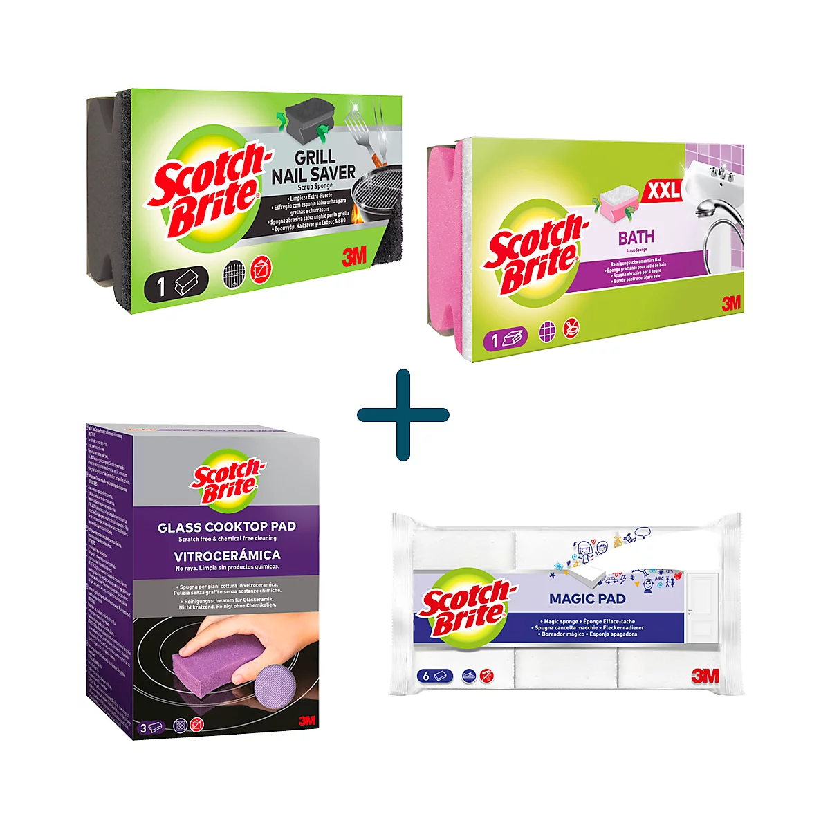 Verschillende Scotch-Brite schoonmaakproducten: sponzen en pads voor keuken en badkamer. Sommige producten zijn gemarkeerd met "GRILL", "BATH" en "MAGIC PAD".