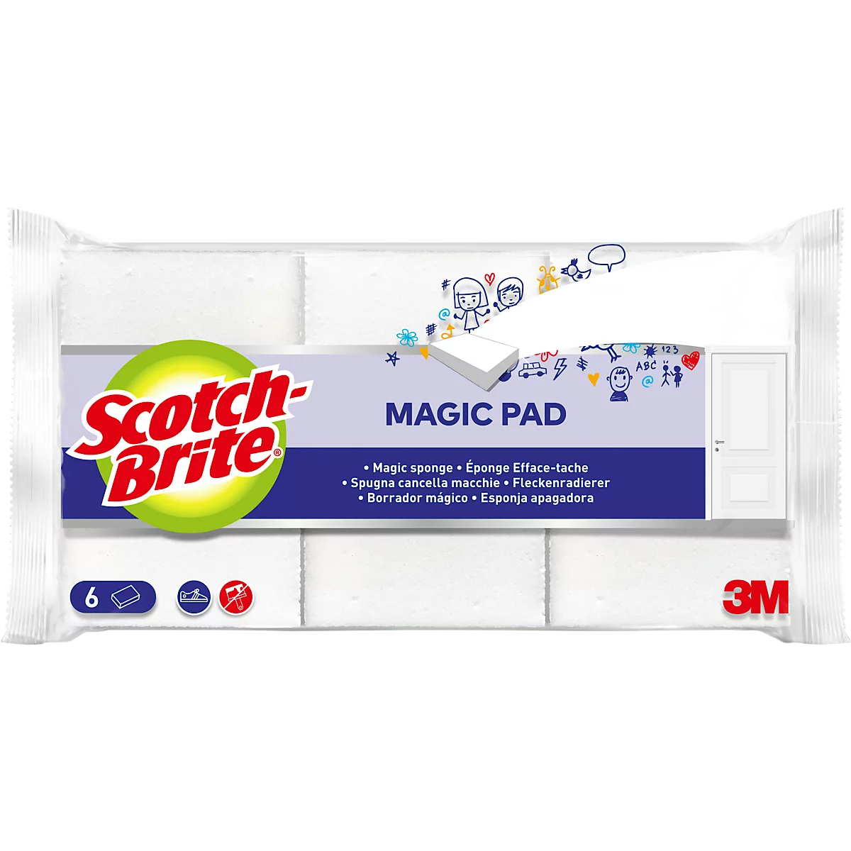 Verpakking van zes witte sponzen met 'Scotch-Brite Magic Pad' opdruk.
