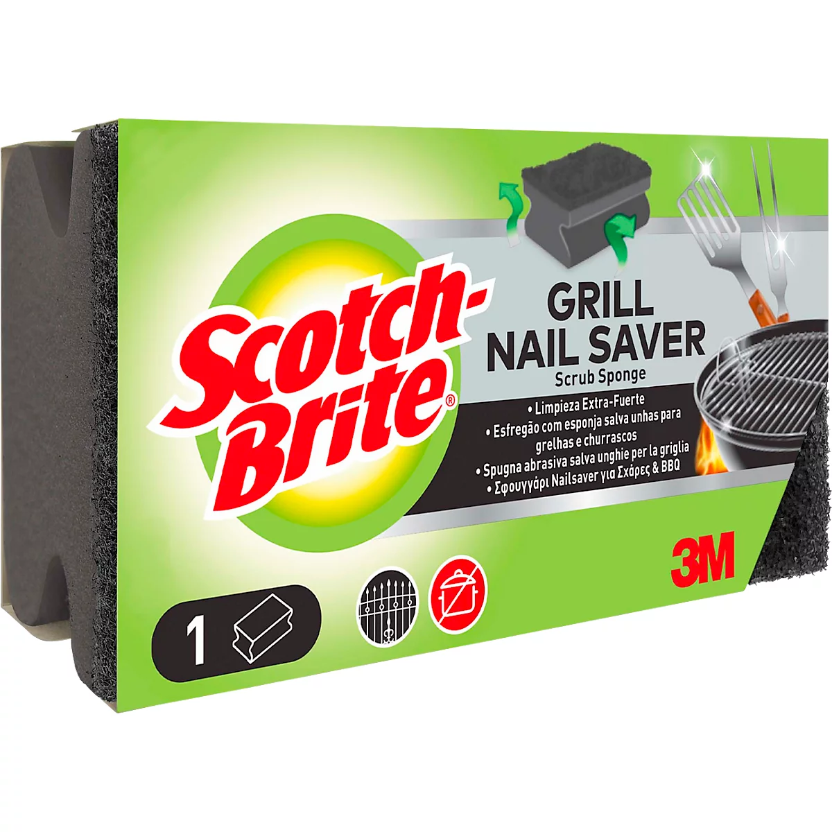 Een rechthoekige, zwarte Scotch-Brite schuursponsverpakking. Op de verpakking staat "Scotch-Brite" in het rood en "GRILL NAIL SAVER" in het zwart.