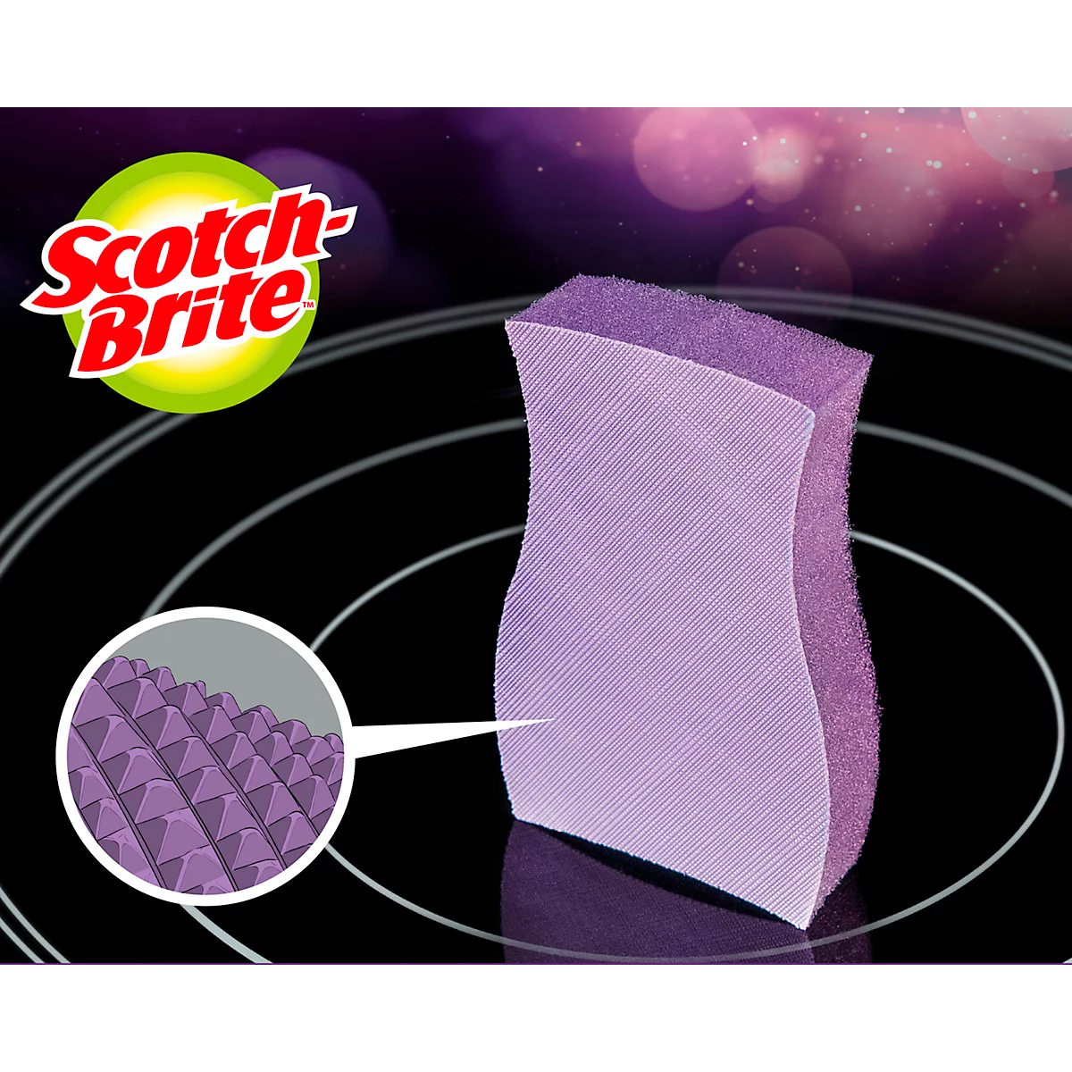 Een paarse Scotch-Brite spons met een uitgelichte detailweergave van het ruwe oppervlak.
