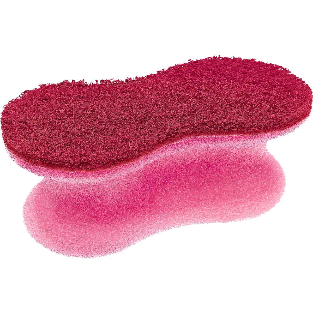 Een roze en rode spons bestaande uit twee delen.