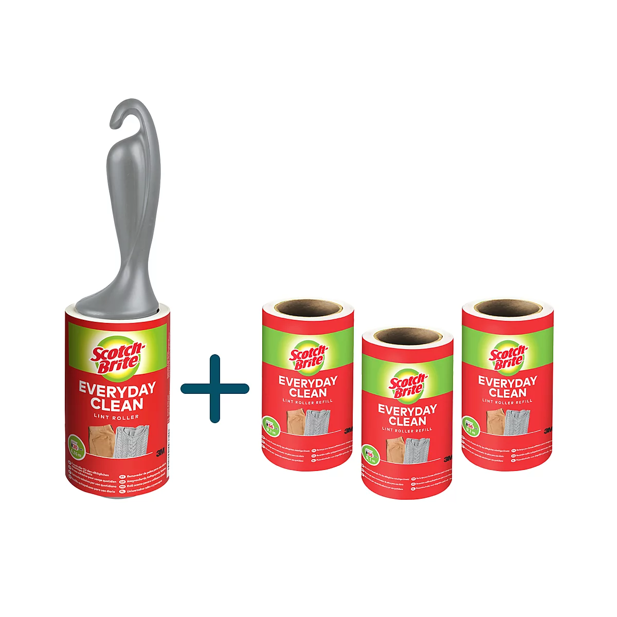 Een grijze kledingroller met navulrollen. Op de verpakking staat 'Scotch-Brite Everyday Clean'.