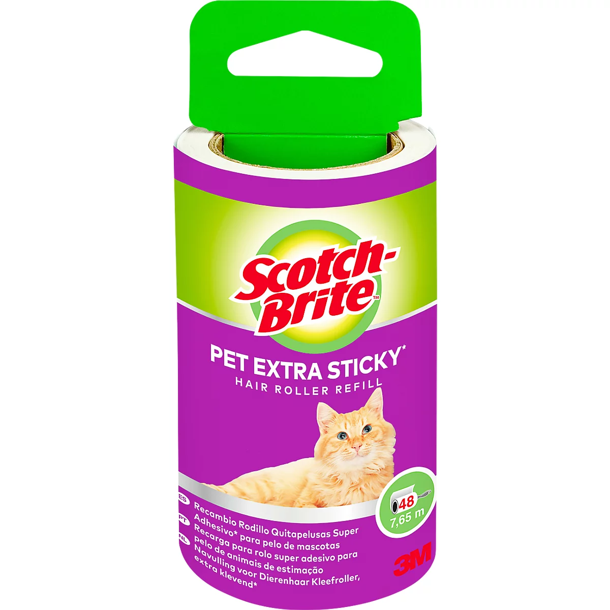 Een rol navulling voor huisdierenhaarroller. De verpakking is voorzien van de merknaam "Scotch-Brite" en een kat.