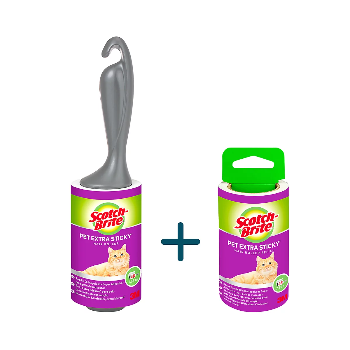 Twee Scotch-Brite haarrollers voor huisdieren, een met handvat en navulling, beide gemarkeerd met "PET EXTRA STICKY".