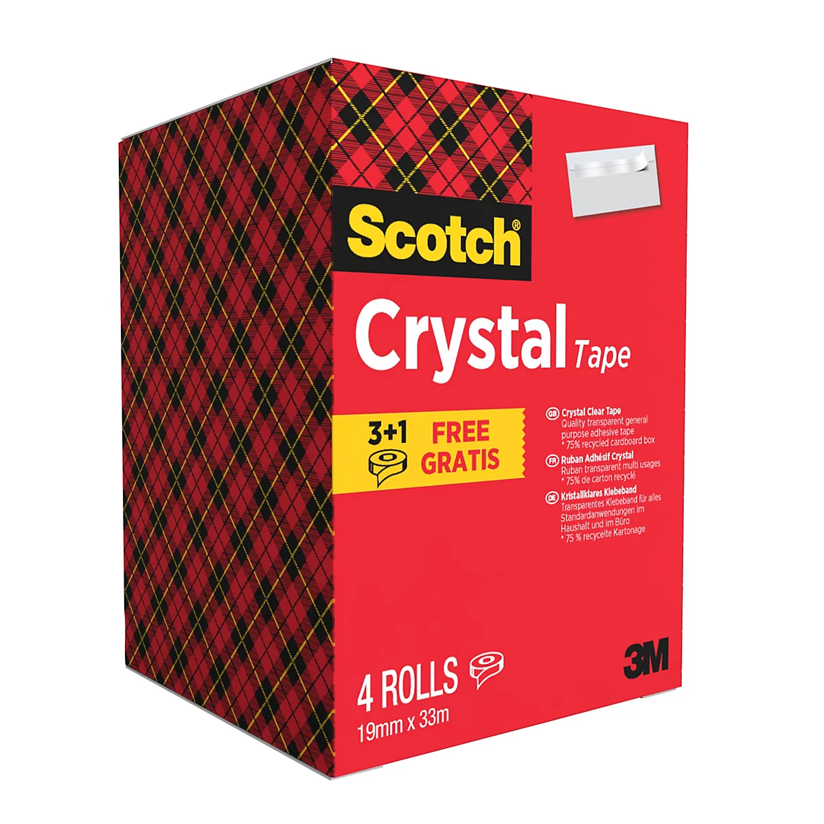 Viererpack Scotch Crystal Klebeband in einer roten Box mit Schottenmuster.