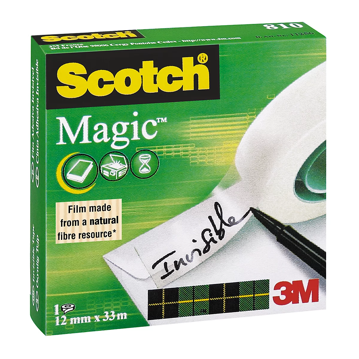 A green Scotch Magic tape box. The tape is visible on a white paper, with the word "Invisible" written on it.