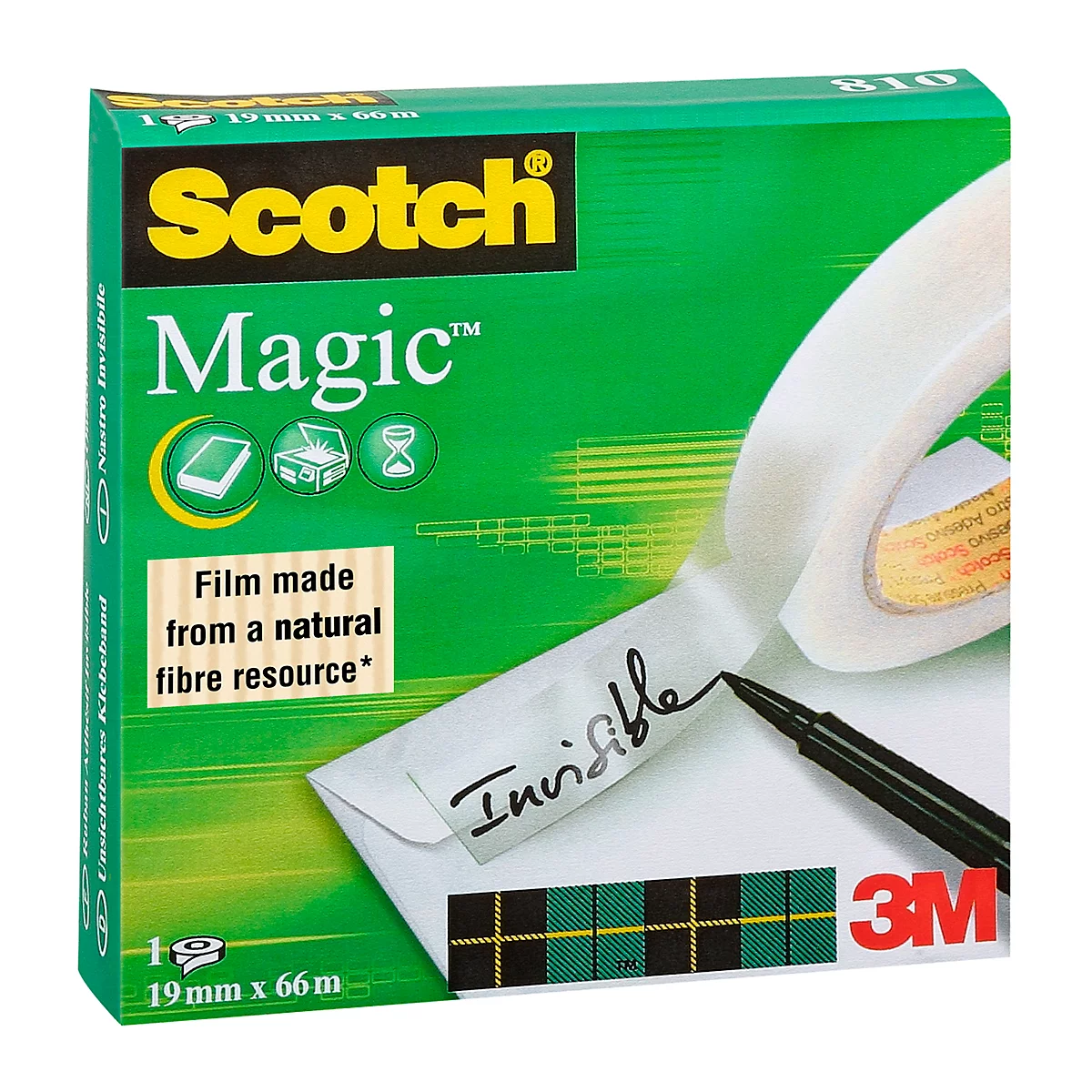 A box of Scotch Magic tape, with a piece of tape that has the word 'Invisible' written on it.