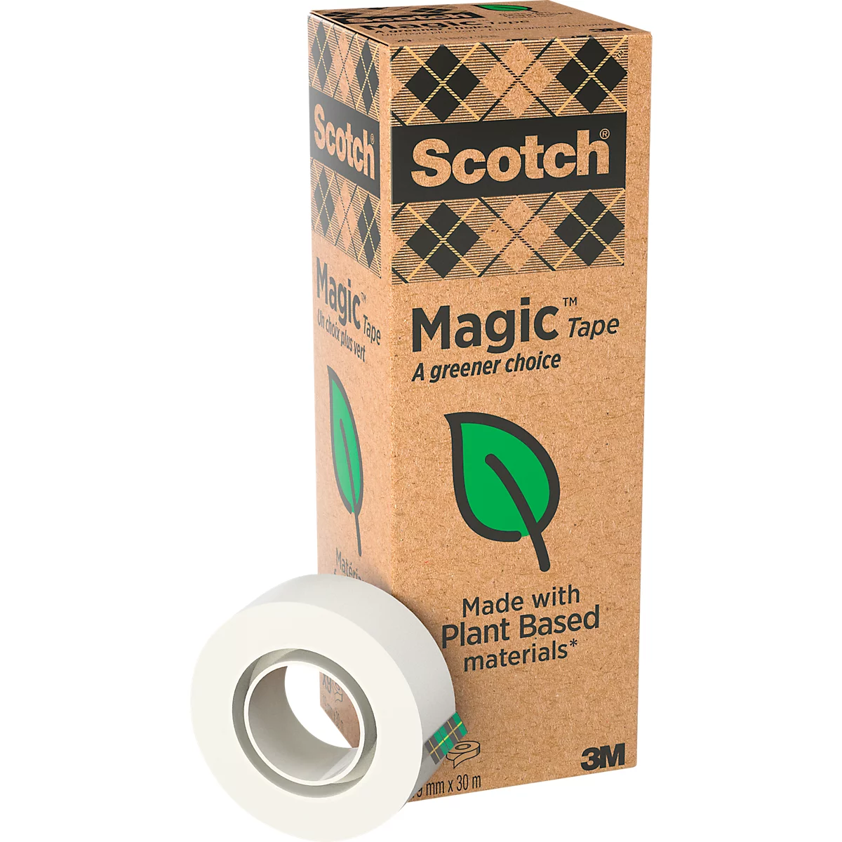 Scotch Magic Tape roll with dispenser on a box. Printed: A greener choice, Made with Plant Based materials. 3M.