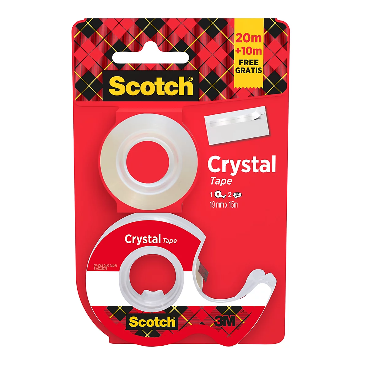 Scotch Crystal plakbandverpakking met dispenser op een rode kaart.