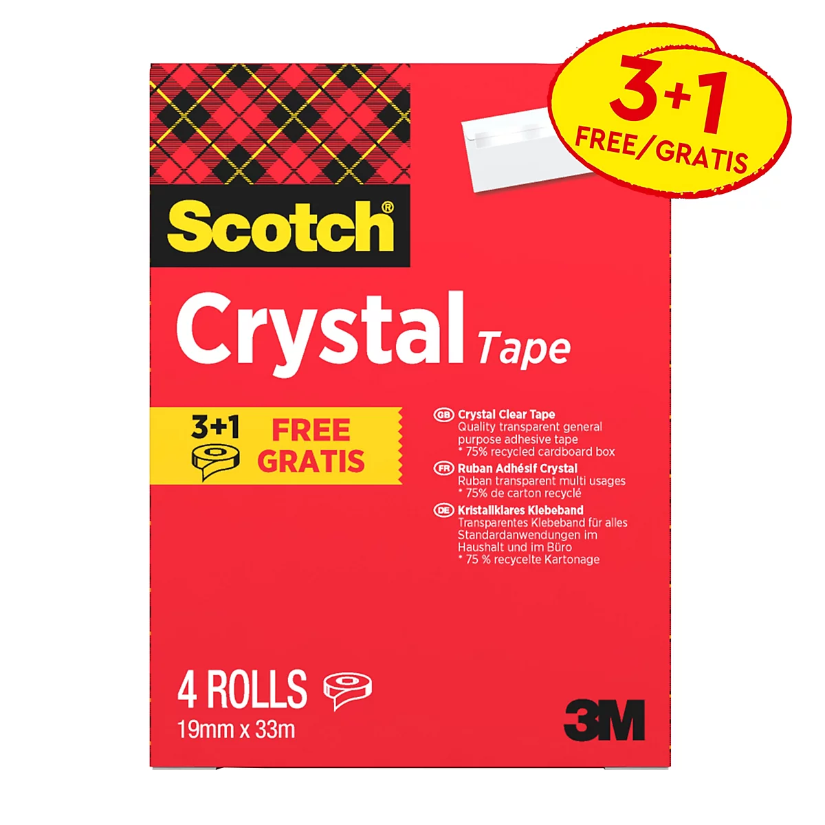 Scotch-plakband Crystal, glanzend, transparant, B 19 mm x L 33 m, 3 rollen + 1 GRATIS