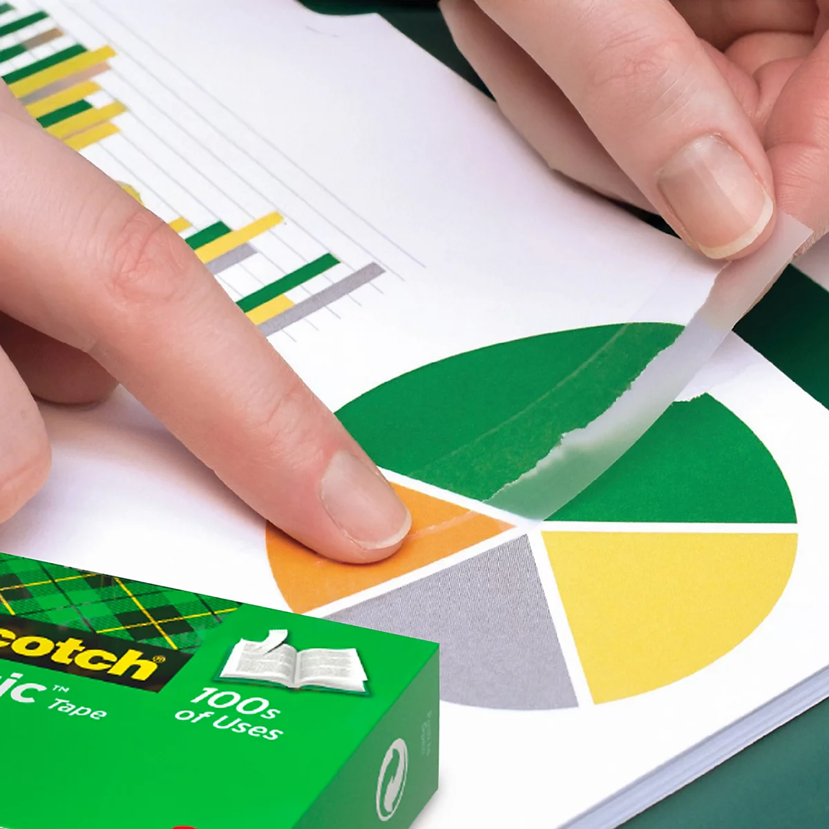 Handen plakken transparante tape op een gescheurd diagram. Op gele banner staat: Repareert scheuren op magische wijze. Op de voorgrond een Scotch Magic Tape doos.