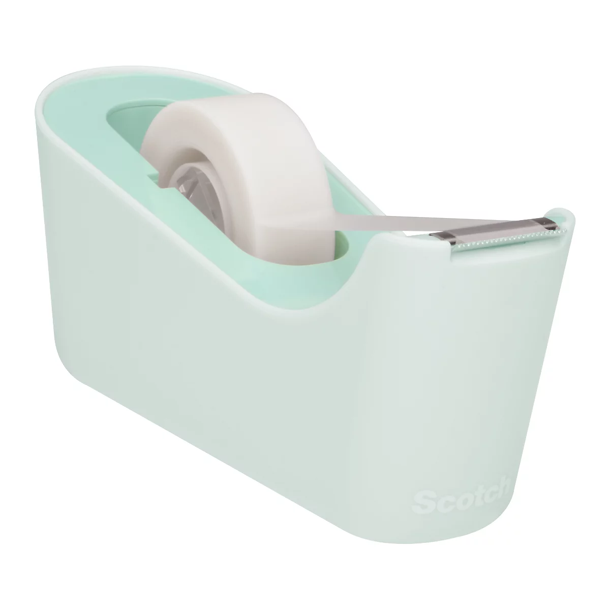 Lichtgroene tape dispenser met rol en metalen mes. "Scotch" staat op de bodem.